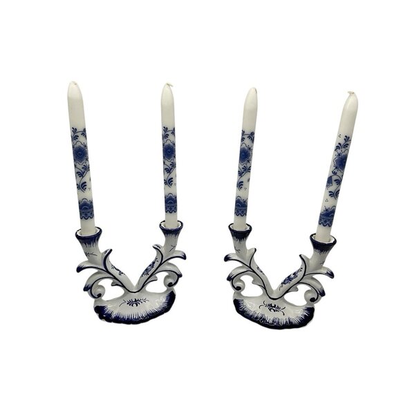 Blue and White Porcelain Double Candlestick, Set of 2, Made in Portugal w/Tapers